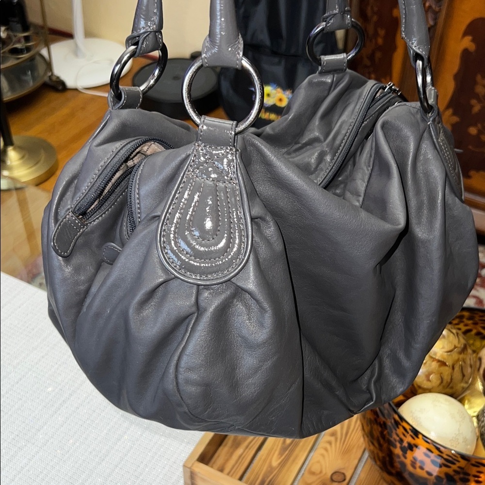 HOBO grey Charcoal Leather Shoulder Bag
